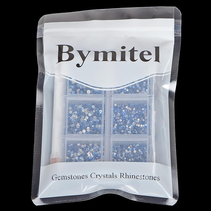 Bymitel 7200 Pieces 6 Mixed Sizes Glue Fix on Glass Rhinestones Round Crystal Gems Flatback for DIY Jewelry Making with one Picking Pen(6-Sizes 7200PCS, Lt. Sapphire)