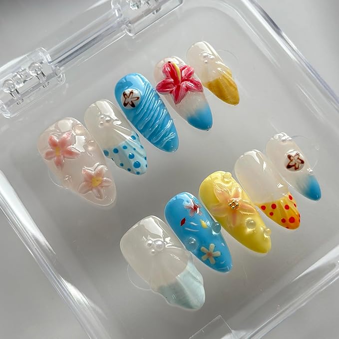 Luxury Press on Nails Medium Almond Handmade 3D Unique Reusable ABS Material Fake Nails French Tip False Nails with Designs Flower Pearls Water Drop Summer Glossy Glue on Nail Thick Acrylic Nail(S)