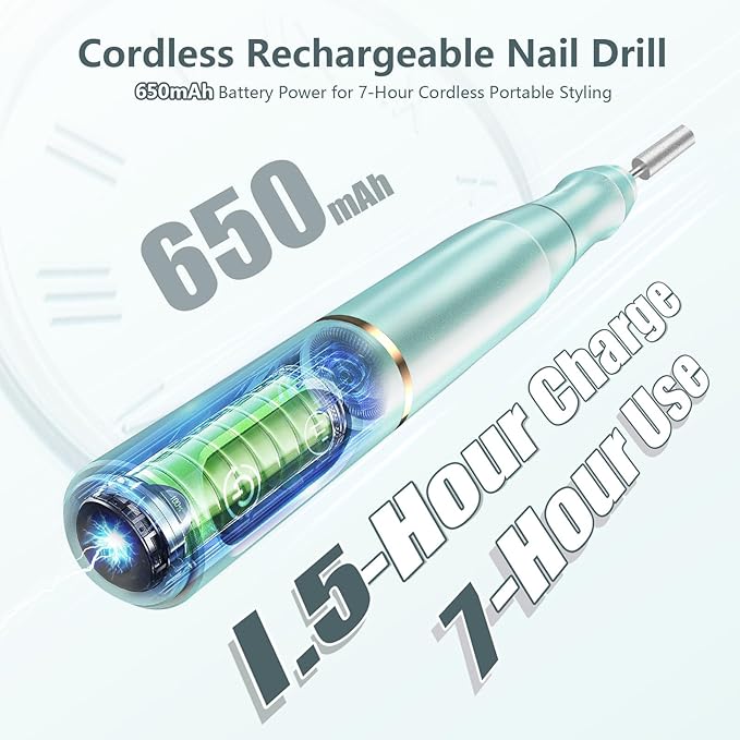 Cordless Nail Drill Electric Rechargeable File Kit, Professional Efile Acrylic Gel Nail Polish Remover Pedicure Manicure Machine Portable Set with 11 Bits 56 Sanding Bands (Mint Green)