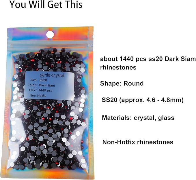 Genie Crystal ss20 1440 Pcs Dark Siam Flatback Rhinestones,5mm Deep Red Glass Rhinestones Glue Fix Stone for Tumbler, Shoes,Clothes,Makeup,Nail Art,DIY Crafts