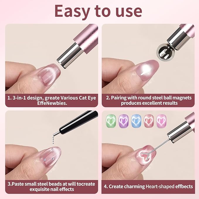 4-Piece Cat Eye Magnet Set – Black Bead-Attracting Nail Magnet Pen & Heart-Shaped Magnet for Nails, Nail Magnets for Nail Art, Cat Eye Magnet for Nail Art, Perfect for Home DIY, Nail Art Design