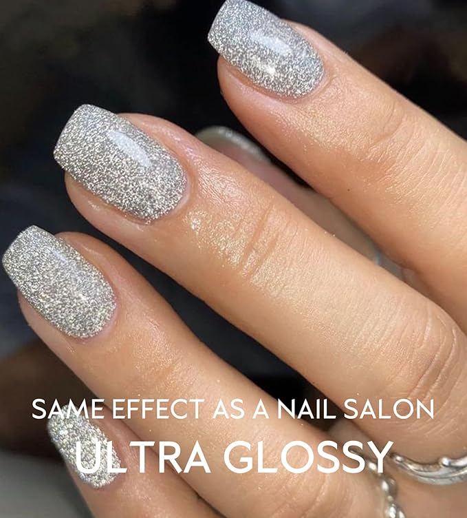 Semi Cured Gel Nail Strips - UV Light Gel Nail Stickers - 20 Long Lasting Salon Quality Wraps (Silver Queen of Frosting)