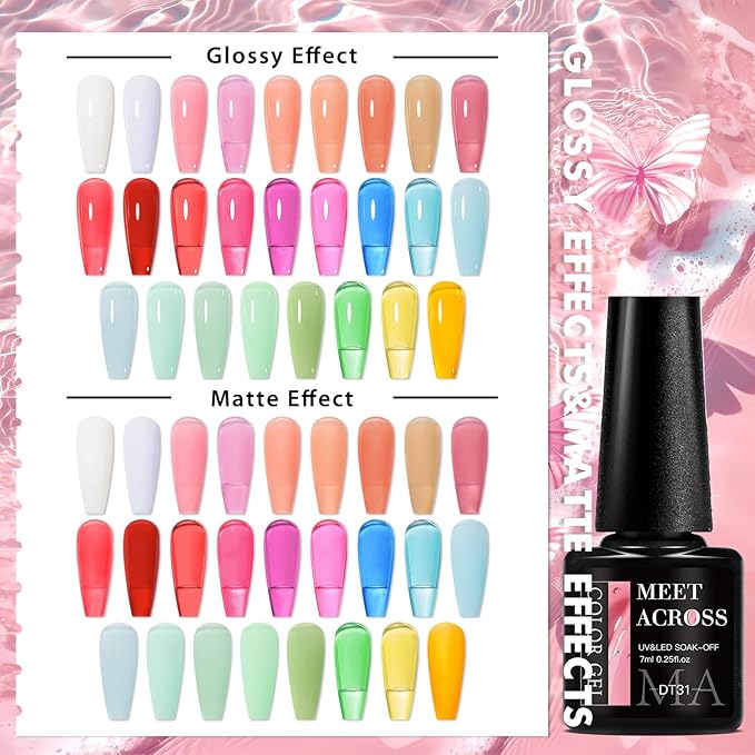 MEET ACROSS 30Pcs Jelly Gel Nail Polish Set Pastel Gel Polish Kit Pink Orange Green Semi-transparent Nail Polish Sheer Effect French Nail Art Gift for Women 26 Colors