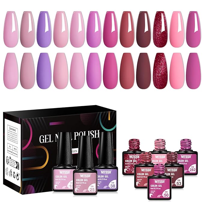 MTSSII Gel Nail Polish Set: 12 Pcs Hot Pink, Rose, Red Gel Polish Kit with Soft Pink Glitter - Valentines' Day Gifts for Women, Soak Off UV Nail Lamp Manicure Kit