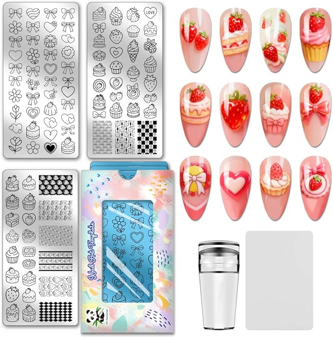 PH PandaHall 3pcs Strawberry Cake Nail Stamping Plate, Sweet Bowknot Nail Art Templates Strawberry Desserts Stainless Steel Image Plate Art Stencils with Tool for DIY Manicures Salon Design