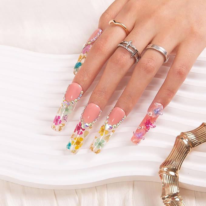 LOVFUL Press on Nails Flora| Handmade with Full Covered Crystals| Reusable Fake Nails| Square Mid length 1.7in| H176-M