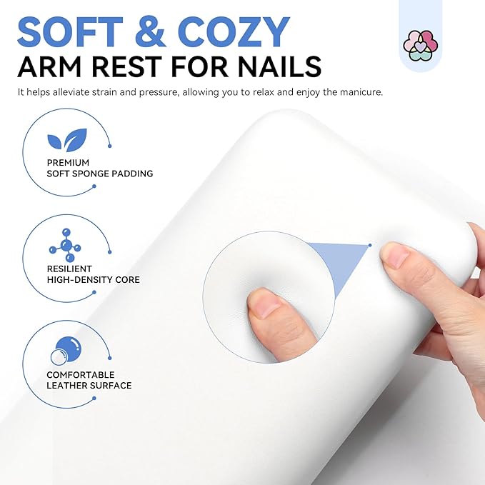 SAVILAND Arm Rest for Nails Tech Professional: 15.7" Full-Length Nail Arm Rest for White Super-Comfort Big Nail Arm Rest with Microfiber Leather Mat Height Hand Pillow Cushion Nail Salon Manicure