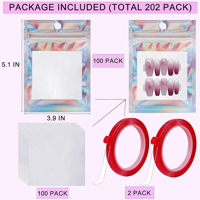 100 PCS Press on Nail Packaging Bag for False Nail Tips Holographic Press On Nail Storage Bag 100 PCS White Card with 2 Roll Transparent Tape for Nail Display Fake Nail Storage Organizer Nail Supplies