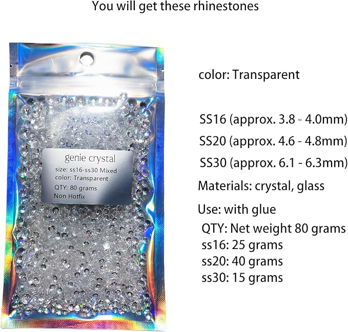 Genie Crystal 4,5,6.4 mm Mixed Size Clear Transparent Flatback Rhinestones 80 Grams, ss16,ss20,ss30 Unfoiled Glass Rhinestone for Tumbler, Shoes, Makeup,Dance Costumes, Dress