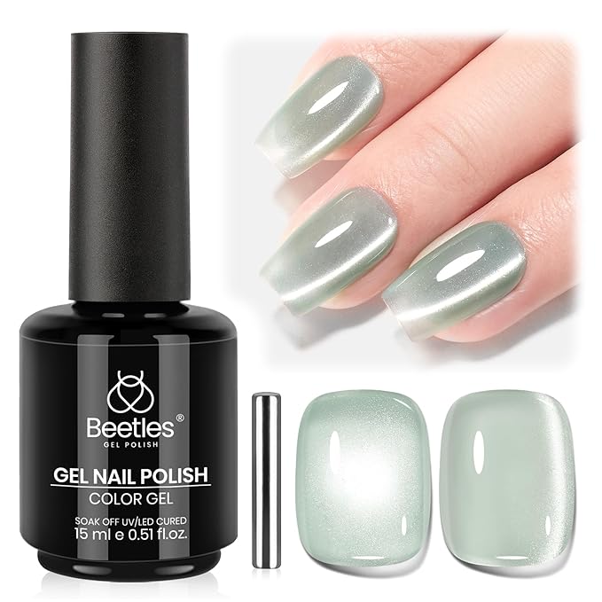 Beetles Misty Green Cat Eye Gel Nail Polish - 15ML Sage Green Cat Eye Gel Polish Glitter Magnetic Translucent Glassy Effect Soak Off UV French Nail Art DIY Manicure Gifts for Women