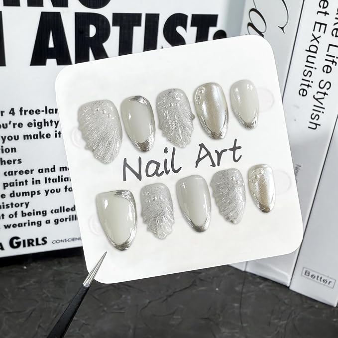 Handmade on Nails Silver French Tip Fake Nail Fish Tail Pearl Embossed Designs Short Almond Acrylic Luxury Muti-Layer Gel False Nail Full Cover Stick on Nail for Women Nails Art (Size M)
