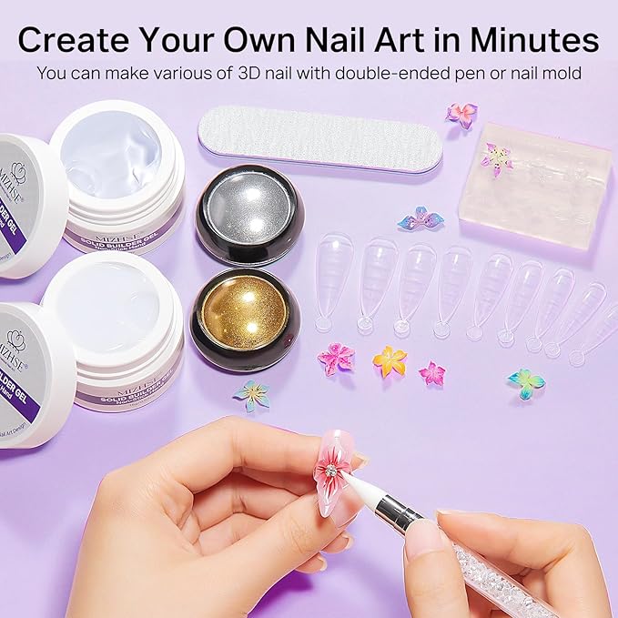 MIZHSE Solid Builder Gel for Nails, Non-Sticky Clear White 3D Nail Art, Sculpting Building Hard Gel with Silicone Flower Mold for Carving Patterns Decoration Nail Art Manicure Home DIY