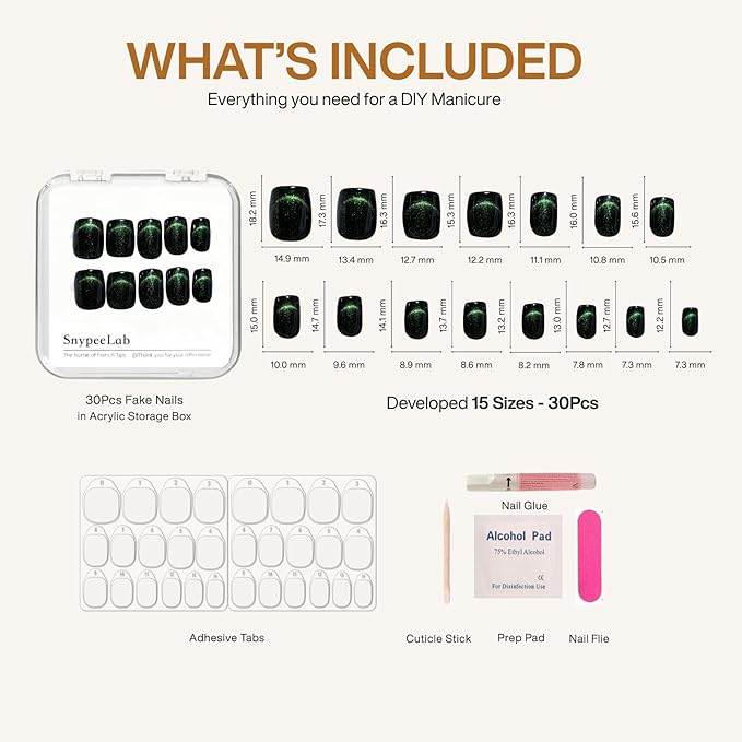 Press on Nails Short Square, Green Cat Eye Nails, St. Patrick's Day Nail, Glue on Nails Short, Football Nail, French Tip Smile Line Cat Eye Nails, Reusable, Acrylic 30Pcs(Green)
