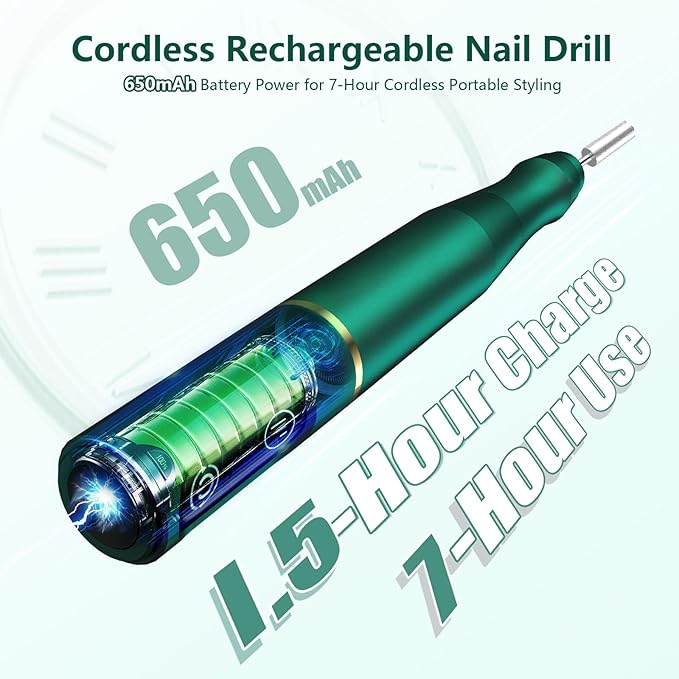 Cordless Nail Drill Electric Rechargeable File Kit, Professional Efile Acrylic Gel Nail Polish Remover Pedicure Manicure Machine Portable Set with 11 Bits 56 Sanding Bands (Blackish Green)