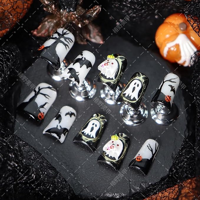 Halloween Press on Nails Ghost Press on Nails Short Duck Fake Nail with Pumpkin Head Bat Designs Handmade Full Cover Glitter Halloween Glue on Nail for Women Girls (Size S)