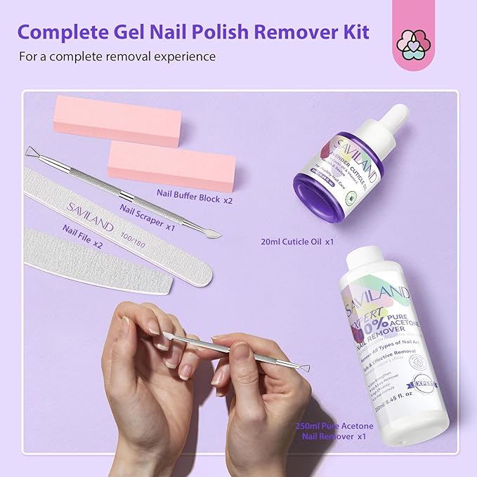 SAVILAND Nail Polish Remover Kit: Gel Polish Remover Effective Removal Gel Polish Remover for Nails with Cuticle Oil 10 Pcs Nail Clips for Gel Removal Expert Level Home Salon Use 8.45 FL Oz