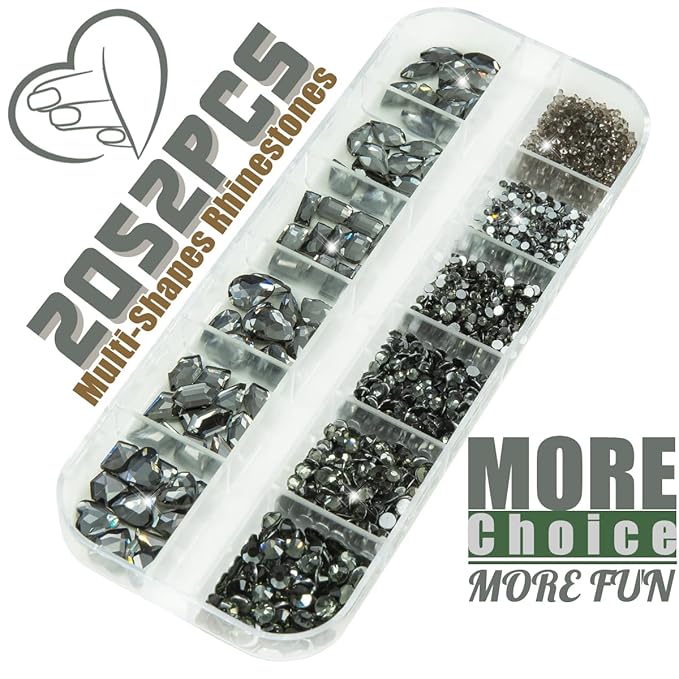 2052Pcs Black Diamond Nail Rhinestones Multi Shapes Crystals Flatback K9 Glass Dark Gray Stones Gems Round Beads Jewels Crystals Charms for Nails Face Eyes Makeup Shoes Crafts Tumblers Bottles