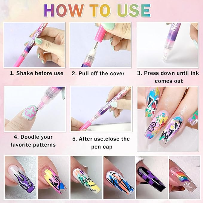 Nail Art Pens Set Fine Tips 3D Nail Polish Pens Acrylic Paint Nail Drawing Liner Dotting Quick Drying Nail Art Markers Kit Tools for Professional Nail Art Design(12 Colors 0.5mm)