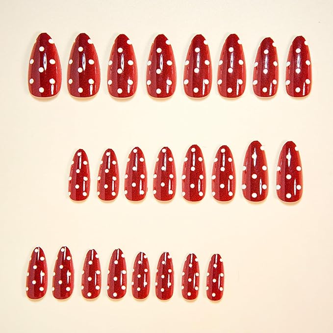 Press on Nails Medium Almond MABKJLF Fake Nails Red False Nails with White Polka Dots Designs Full Cover Glossy Glue on Nail Acrylic Nails for Women Girls 24Pcs