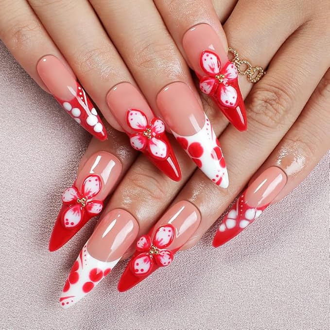 Red French Press On Nails 10pcs, Handmade Acrylic Almond Tips with 3D Floral Art & White Polka Dot Design, Cute Love-Inspired Reusable Nail Set for Parties, Date Nights & Valentine’s Day – Appife