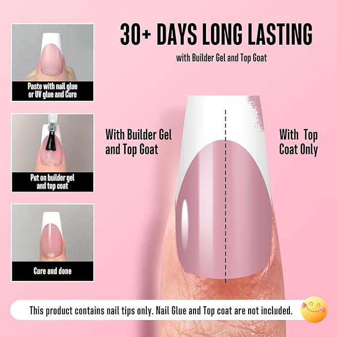 NOVO OVO White French Tip Medium Coffin Nail Tips Press on, BERRY PINK, Extra Thick Soft Gel Fake Nail Acrylic Extension, Need Builder Gel Top Coat, No Glue Included, for Salon DIY 15 Sizes x 240 pcs