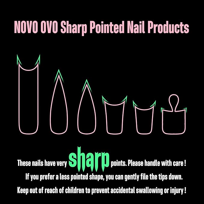 NOVO OVO Halloween XXL Square Nail Tips with Sharp Point & Moon Curve, Extra Thick False Nails Press on, matte Full Cover Soft Gel Extension French Tips Fake Nail Acrylic kit for DIY X 15 Size 180pcs