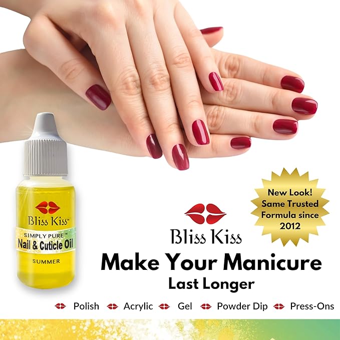 Bliss Kiss | Summer Fragrance | Nail Oil Cuticle Dropper w/Vitamin E & Jojoba⏤Nail Strengthener Nail Growth Serum for Brittle Peeling Breaking Thin Nails | 0.5oz | (Summer)