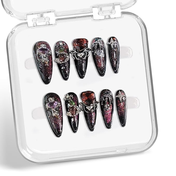 Handmade Press on Nails Medium Almond Fake Nail Halloween 3D Spider and Silver Spider Web Designs Black French Tip Stick on Nails Red Heart Thick False Nails for Women (S)