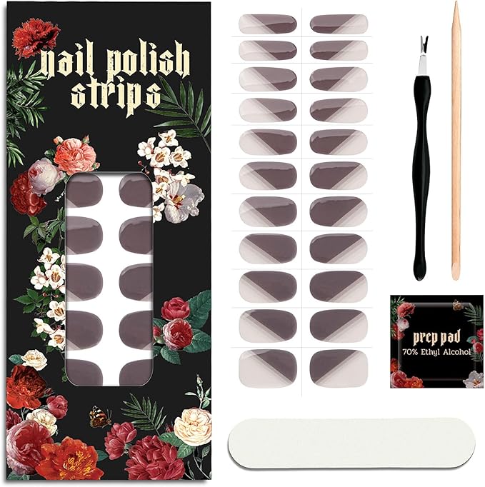 Nail Polish Strips (No UV Lamp Needed) - 22 Pcs Salon Quality Gel Nail Stickers - Long Lasting Wraps (Deep Purple French)