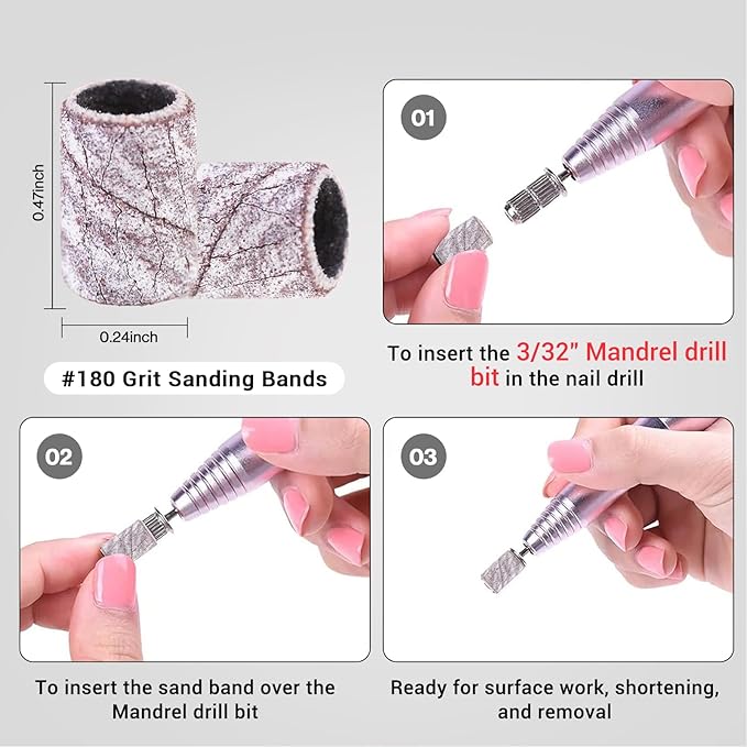 MelodySusie 100 Pcs Nail Drill Bits Sanding Bands for Nail Drill 180 Fine Grit Nail File Sanding Bands for Acrylic Nails Gel Manicures and Pedicure