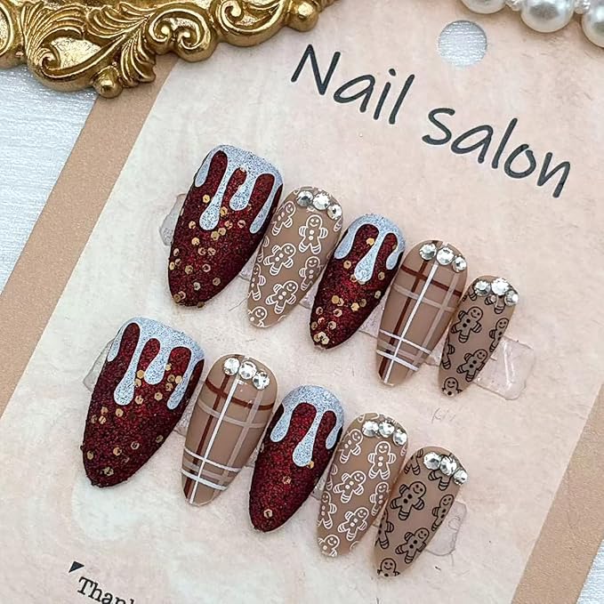 30Pcs Christmas Press on Nails Medium Almond Fake Nails Cute Gingerbread Man False Nails with 3D silver Rhinestones Design Brown Glitter Winter Snow Artificial Stick on Nail Full Cover for Women DIY
