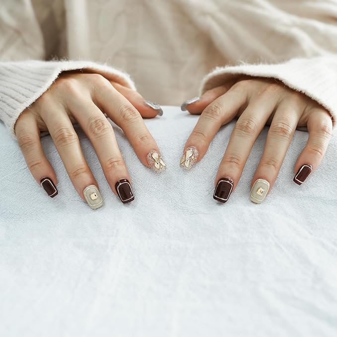 Handmade 3D Press On Nails Short Coffin,New Year Valentine False Nails Burgundy Silver Glitter with Geometric Line Art & Hand-Set Rhinestones - 10Pcs Luxury Design (Fiery Red Lips,M)