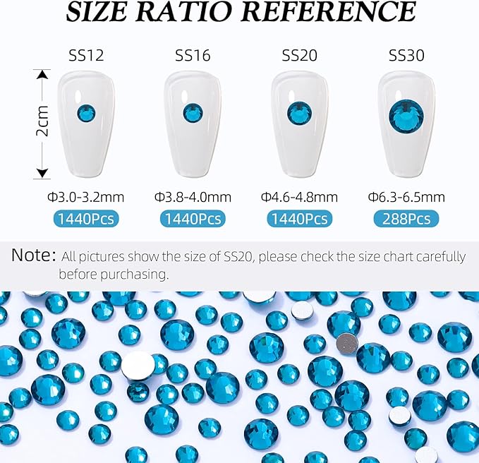Malachite Blue Flatback Rhinestones, Glass Rhinestones for Nail Art and Craft, Glue Fix, Loose Crystal Gemstones(Malachite Blue, SS16, 1440pcs, 3.8-4.0mm)