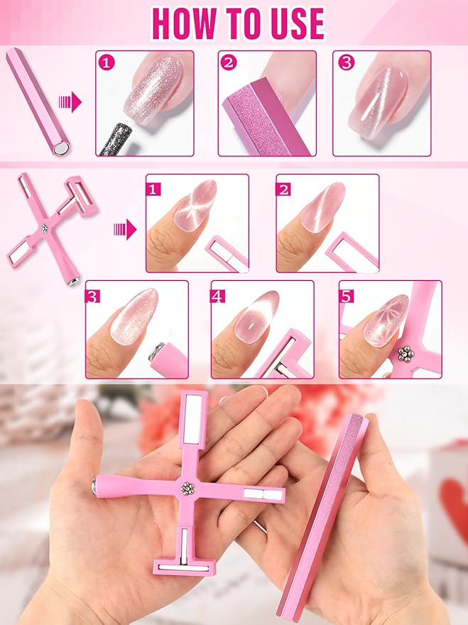 TOROKOM 5-in-1 Cat Eye Magnetic Nail Art Tool, Double-Ended Hexagon, Pink
