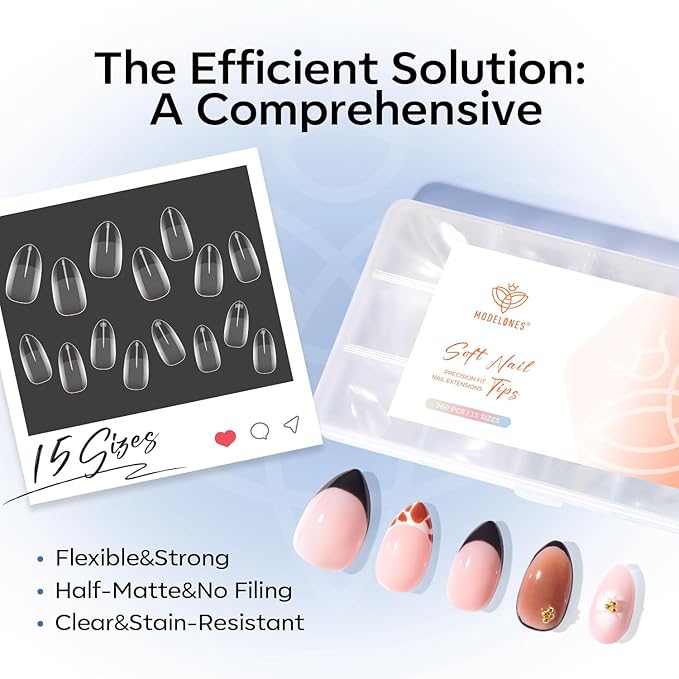 modelones Short Almond Nail Tips, 360pcs Pre-etched Clear Soft Press On Fake Nails Full Cover Half Matte Acrylic Gel Tips Extension for Salon & Home Use 15 Sizes