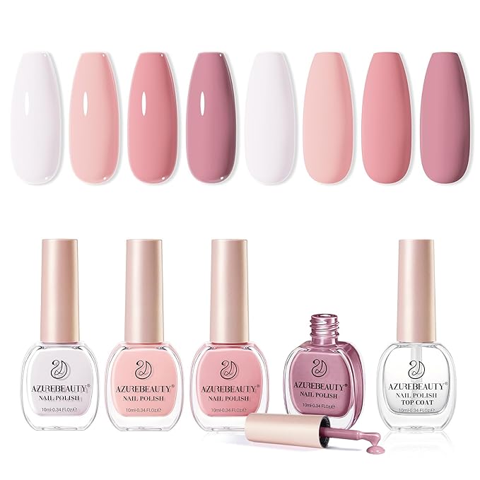 AZUREBEAUTY Nude Pink Nail Polish Set (4 Colors + Top Coat), Soft Solid Shades for Natural Look, Glossy Finish, Fast Dry, No Lamp Needed