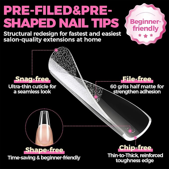 UNA GELLA Long Coffin Nail Tips, 504pcs Pre-Shape Fake Nails Half Matte Full Cover Acrylic Gel Nail Tips Clear Long Coffin Press On Nails Home DIY Extension 12 Sizes Gelly Tips