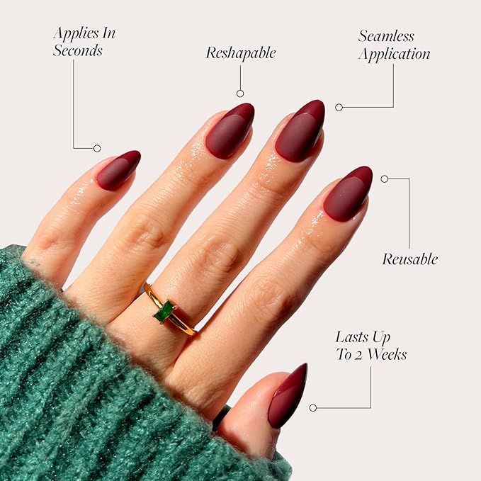 Glamnetic Press On Nails - Merlot Fake Nails | Matte Short Almond Dark Red Nails with Glossy French Tips | 15 Sizes - 30 Nail Kit with Glue