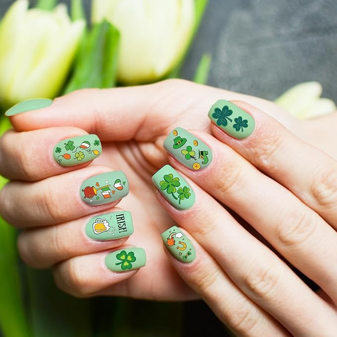 Whaline 6 Pcs St. Patrick's Day Valentine Nail Art Stamping Plates Kit Love Heart Spring Shamrock Image Stamp Templates Nail Art Plates Set for DIY Print Manicure Salon Design