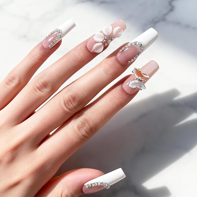 Luxury Handmade Press on Nails - Long Square White French Tips Press on Nai,l with Almond 3D Rhinestones, Flowers & Butterflies, Acrylic Multi-Layer Gel False Nails for Women (10Pcs)