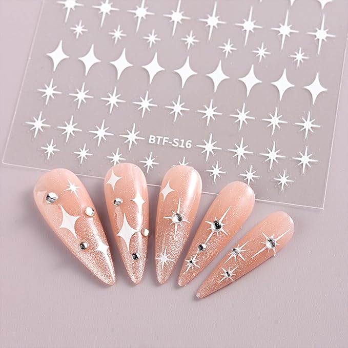 12 Sheets Star Nail Art Stickers Decals Gold Silvery Nail Stickers Star Design 3D Self-Adhesive Nail Decals Black White Manicure Supplies for Holiday Nail Art Decorations