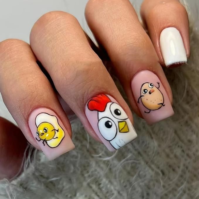 24 Pcs Easter Press on Nails Short Square Fake Nails Cartoon Yellow Cute Chick Designs Easter Matte False Nails Full Cover Stick on Nails for Women Girls Easter Spring Party Nails Art Decorations