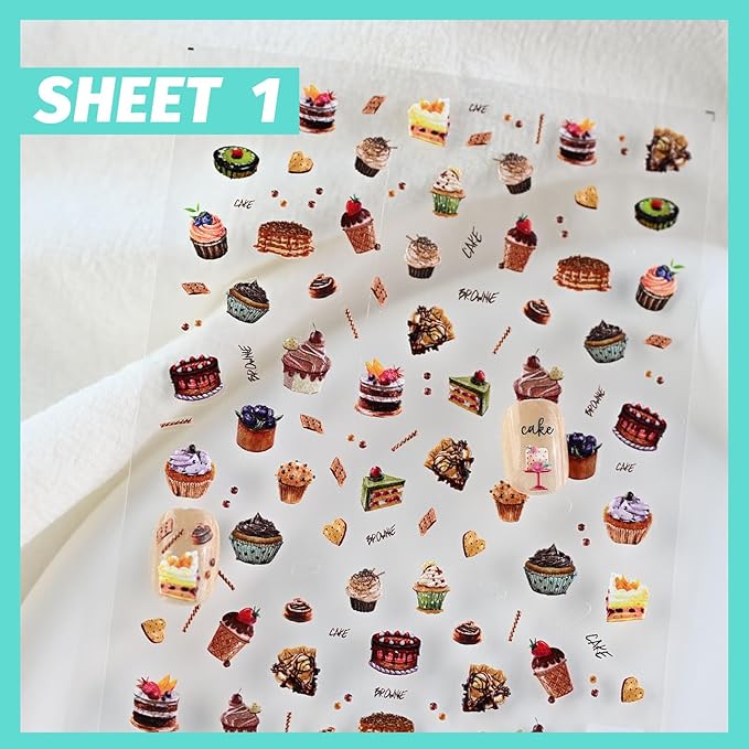 Cute Birthday Nail Stickers, 3D Cake Dessert Nail Decals, Self-Adhesive Nail Accessories & Supplies, Durable & Long-Lasting 3 Sheets