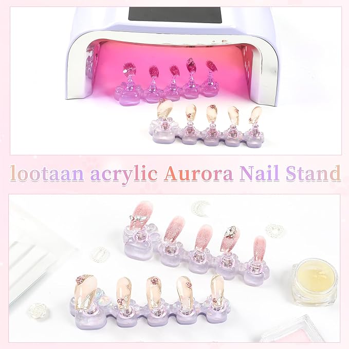 lootaan 2 Set Nail Holder for Painting Nails ,Fake Nail Tips Training ,Aurora Acrylic Nail Stand for Press on ,Nails Display with 96 Pcs Reusable Adhesive Putty (Laser purple)