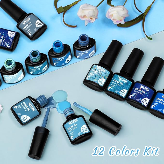 MTSSII Blue Gel Nail Polish Set 12 Colors, Royal Blue Sky Blue Glitter Navy Blue Nail Gel Polish Kit Light to Dark Shades Soak Off Nail Art Salon Design Home Manicure Holiday Gift for Women Girl