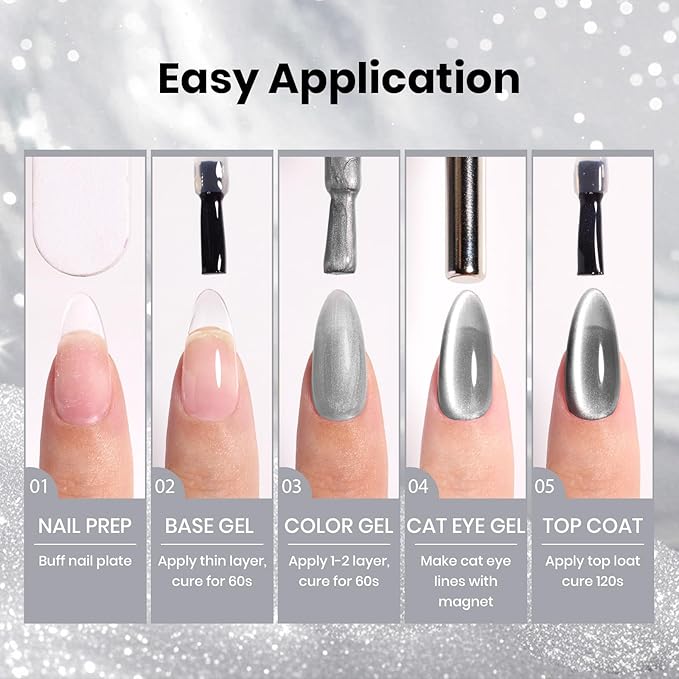 Beetles Silver Cat Eye Gel Nail Polish - 15ML Silver Glitter Cat Eye Gel Polish with Magnet Soak Off UV Velvet Nail Polish Salon DIY Manicure Gift for Women