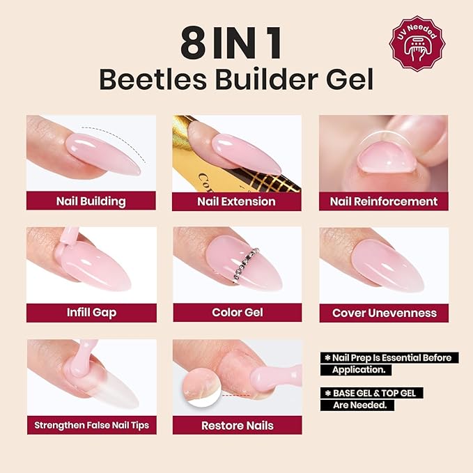 Beetles Builder Gel for Nails-Garnet Glow 0.5 oz 8 in 1 for Building Apex Strengthening Thickening Extension DIY Salon at Home for Beginner,Red Builder Nails Gel,LED & UV Lamp Needed