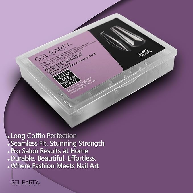 GELPARTY Soft Gel Nail Tips Long Coffin - 240Pcs Pre-Buffed Matte Full Cover Tips - No Filing Needed, Soak Off Gel Extension System - Clear Ballerina False Nails (12 Sizes)