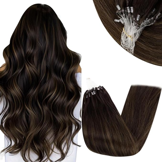 RUNATURE Micro Beads Hair Extensions 24 Inch Brown Straight Remy Human Hair Microlink Installation 50g