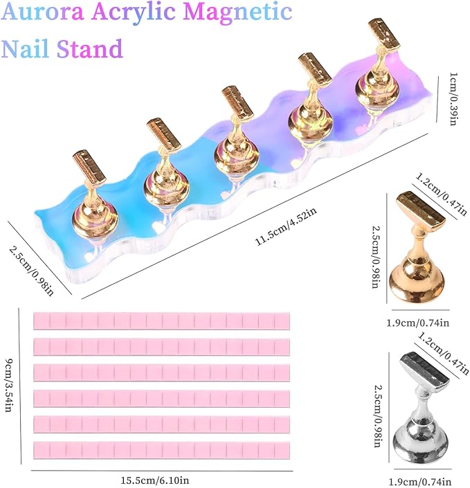 ANGNYA Nail Stand for Press on,2 Set Aurora Nail Holder for Painting Nails Press on Nail Stands with 96 Pcs Reusable Sticky Putty for Nail Art Display Home & Salon Use